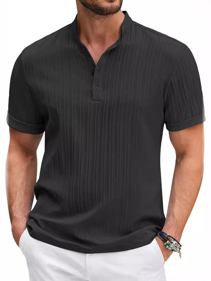 Solid color beach casual stand collar short sleeve button down polo shirt for men
